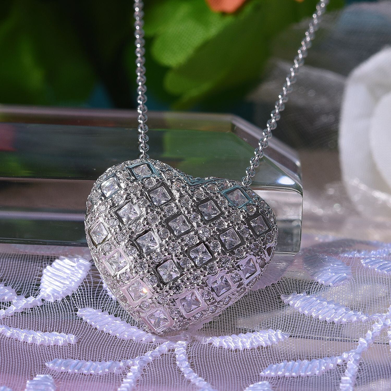 Cubic Zirconia Cluster Heart Necklace (Size - 20) in Rhodium Overlay Sterling Silver , Silver Wt. 7.30 Gms