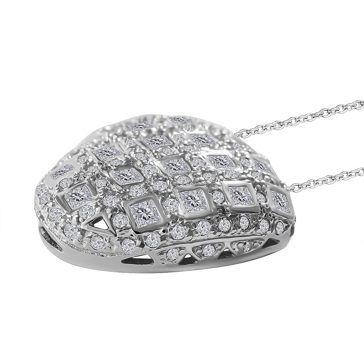 Cubic Zirconia Cluster Heart Necklace (Size - 20) in Rhodium Overlay Sterling Silver , Silver Wt. 7.30 Gms