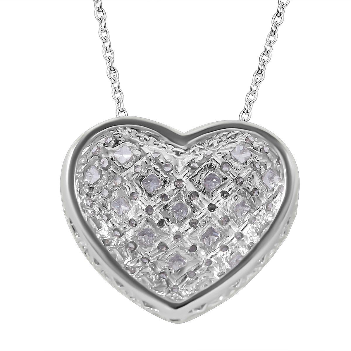 Cubic Zirconia Cluster Heart Necklace (Size - 20) in Rhodium Overlay Sterling Silver , Silver Wt. 7.30 Gms
