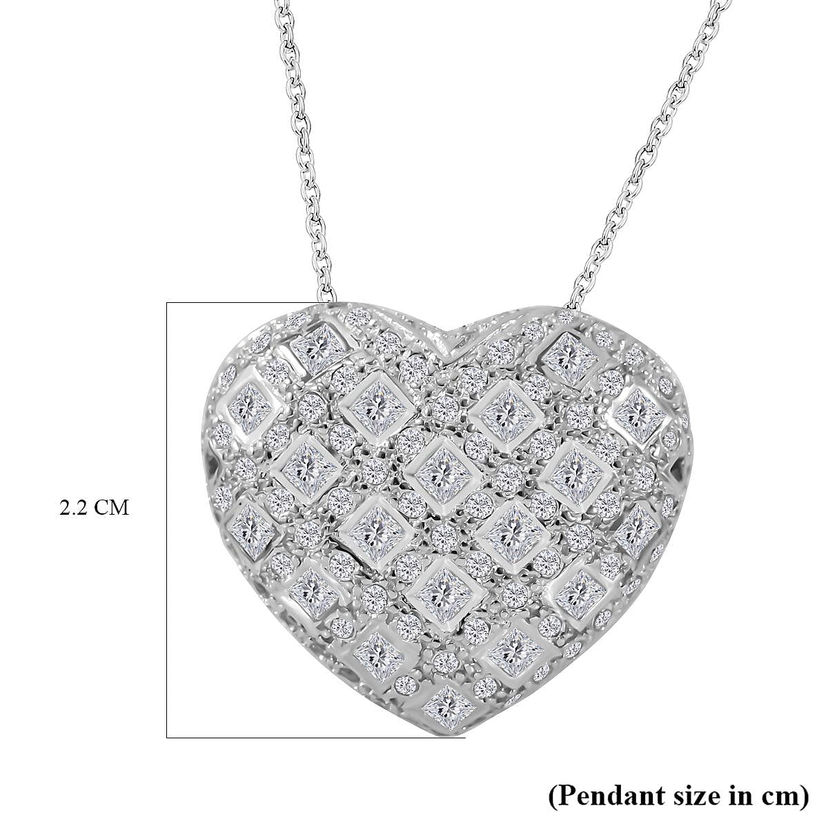 Cubic Zirconia Cluster Heart Necklace (Size - 20) in Rhodium Overlay Sterling Silver , Silver Wt. 7.30 Gms