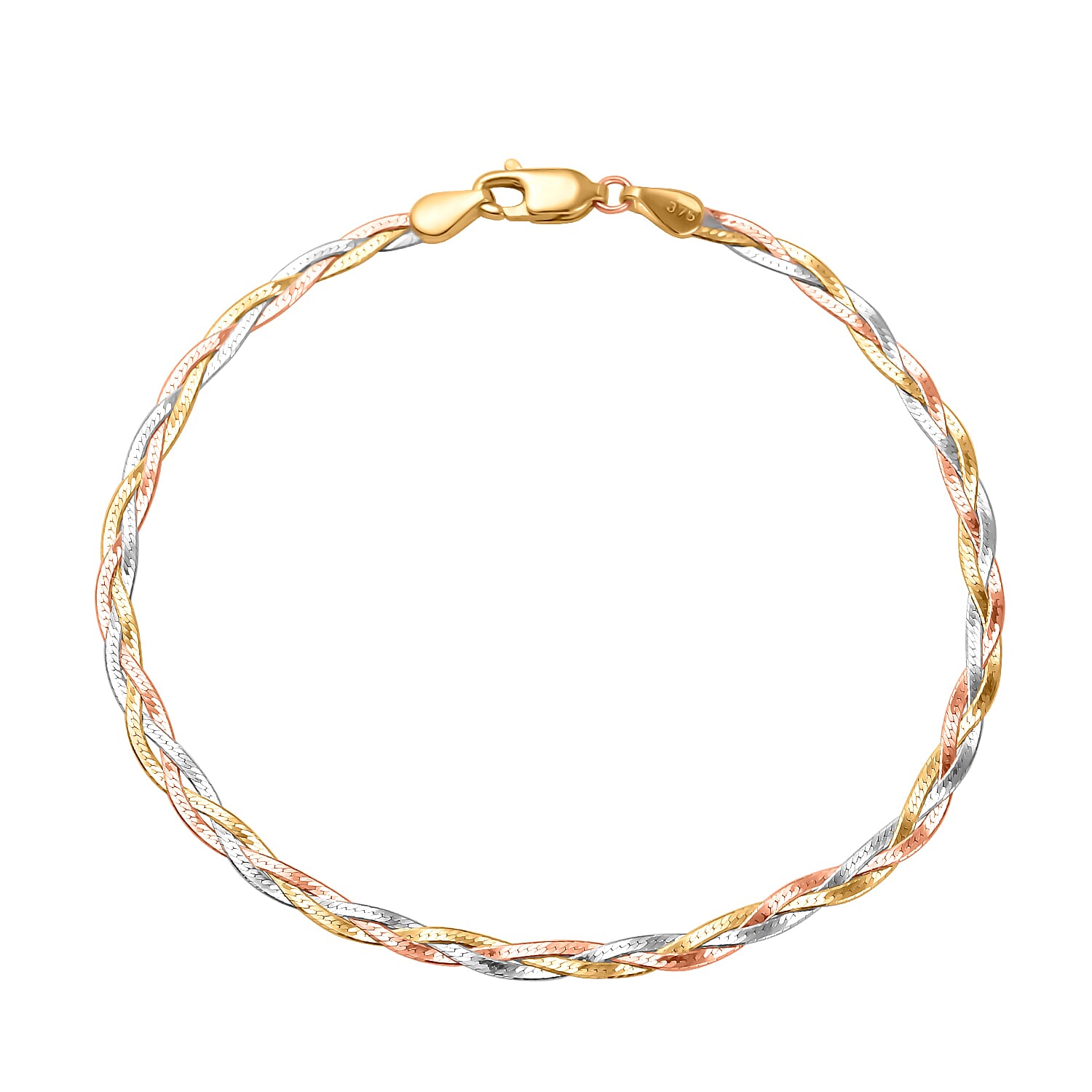 Gold Mega Offer - 9K White-Yellow-Rose Gold Diamond Cut Herrigbone Bracelet (Size - 7.5)