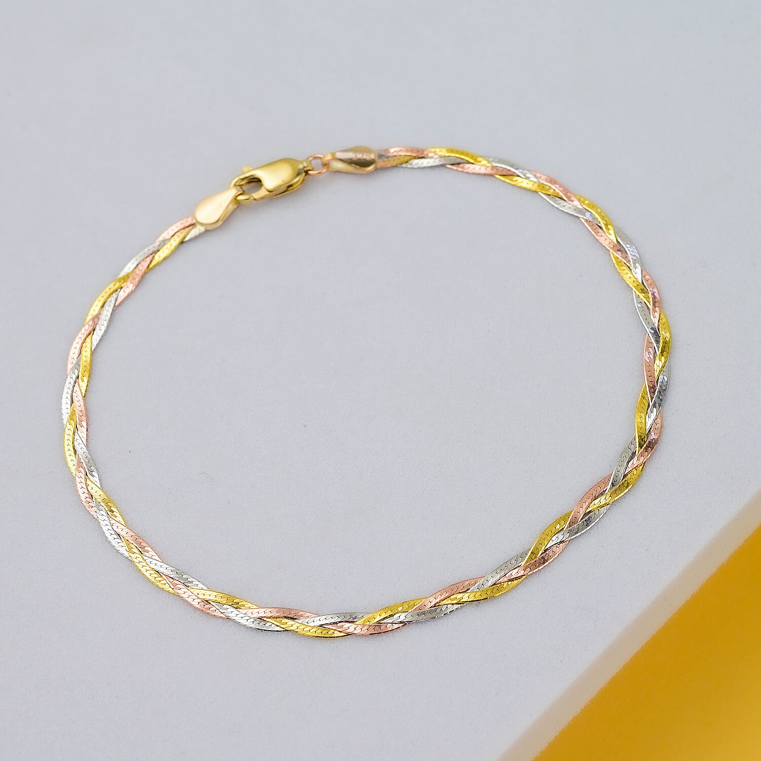 Gold Mega Offer - 9K White-Yellow-Rose Gold Diamond Cut Herrigbone Bracelet (Size - 7.5)