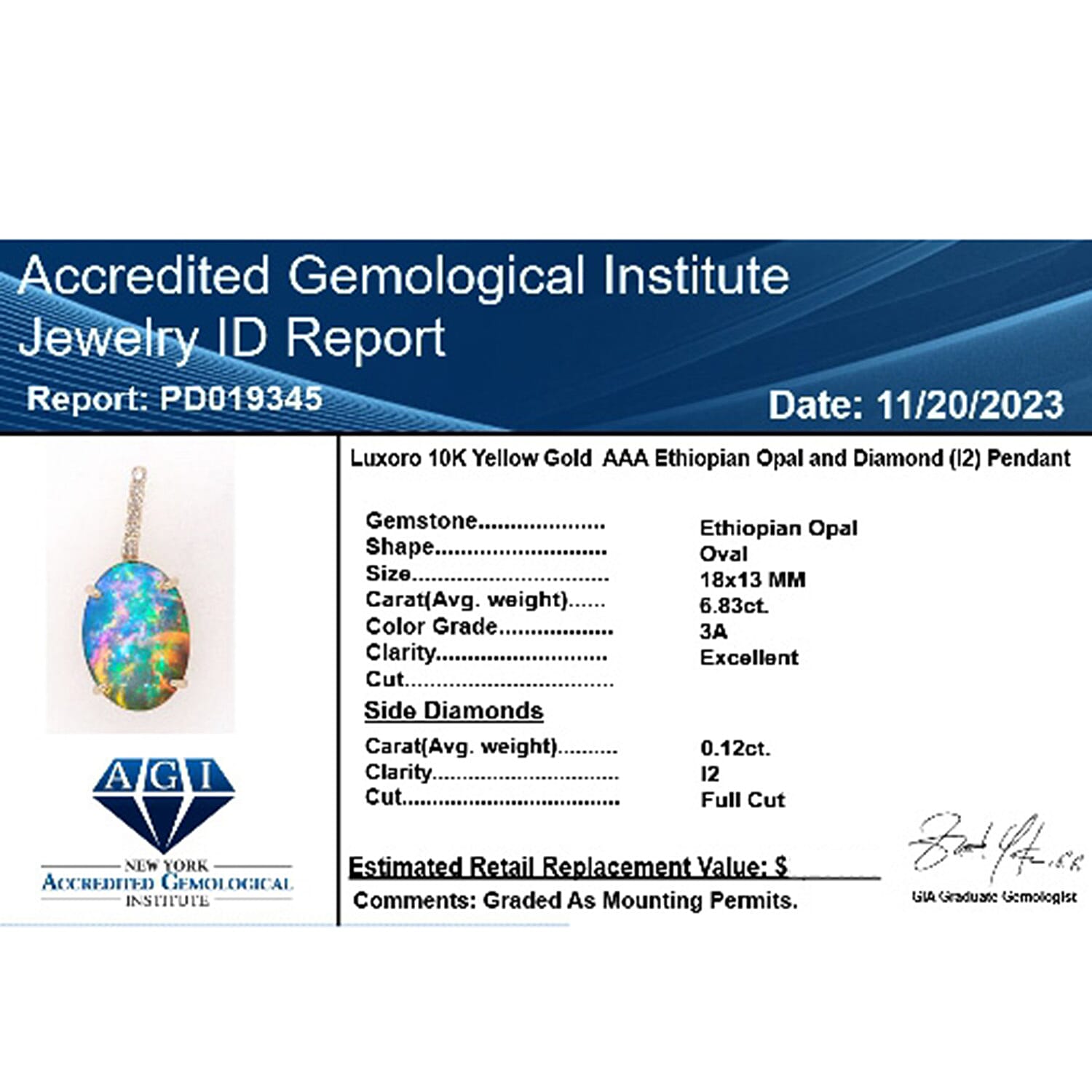 10K Yellow Gold  AAA   Ethiopian Opal ,  White Diamond  I2 Pendant 6.96 ct,  Gold Wt. 2.57 Gms  6.960  Ct.