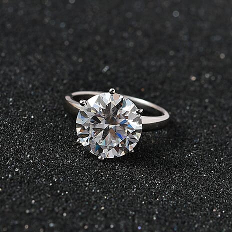 Moissanite Solitaire Ring in Platinum Overlay Sterling Silver 5.13 Ct.
