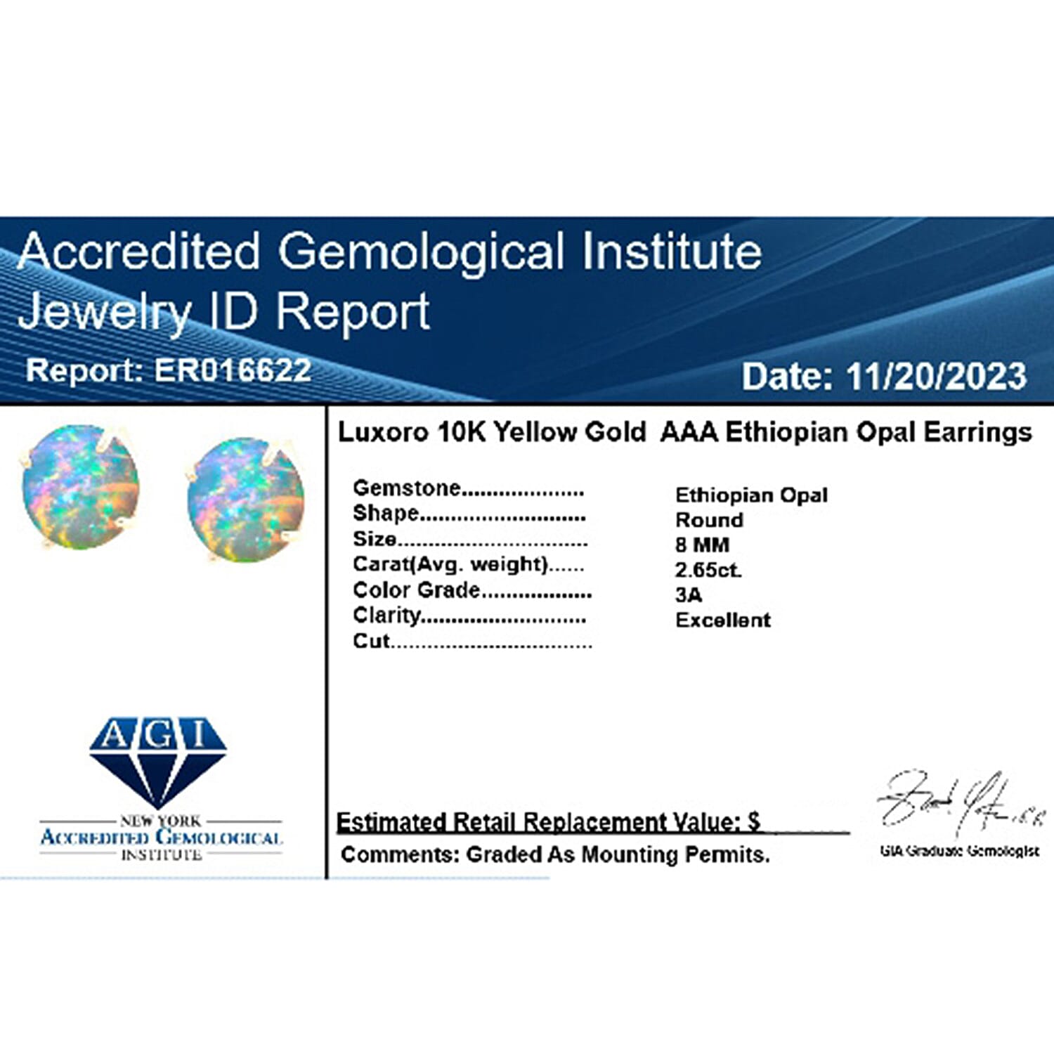 10K Yellow Gold  AAA   Ethiopian Opal  Earring 2.65 ct,  Gold Wt. 1.71 Gms  2.650  Ct.