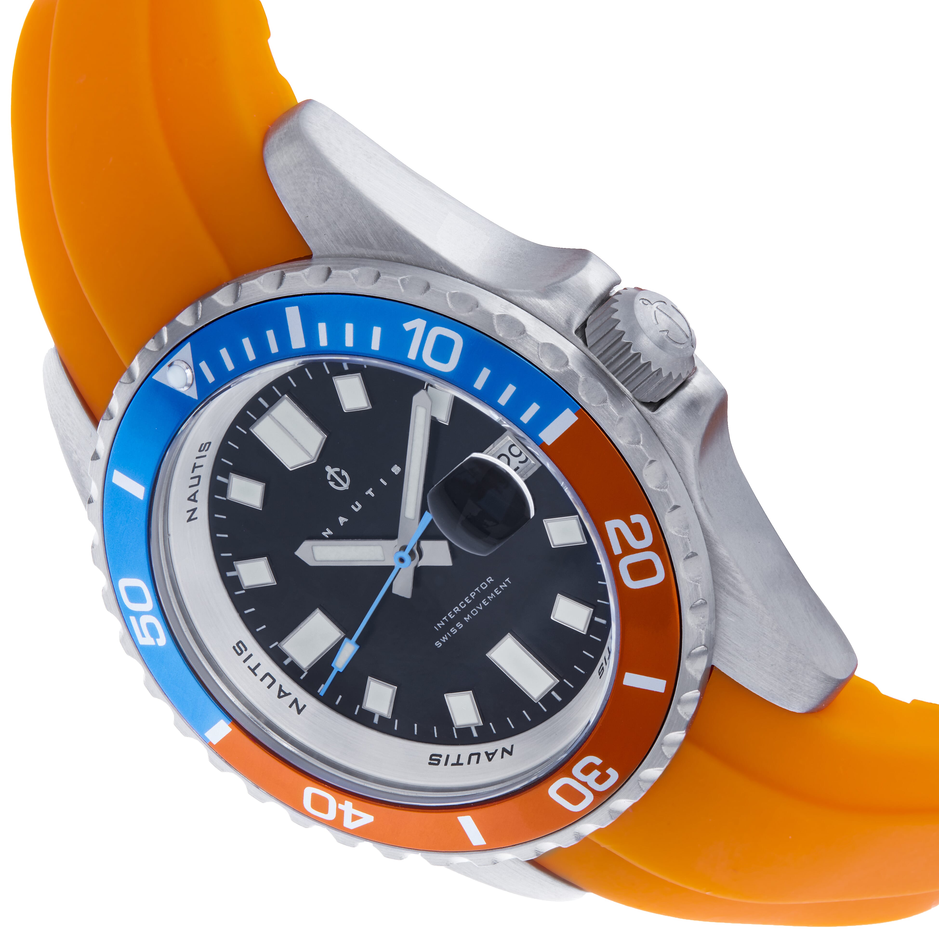 Nautis Interceptor Swiss Ronda Movt. Black Dial 50 ATM Water Resistance Watch With Orange Interchangeable Rubber Strap