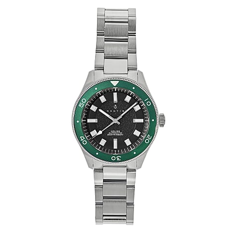 Nautis Holiss Case, Accurate Automatic Movt. Uni-Directional Green Bezel Black Dial With Date 20 ATM WR Watch With 316L Surgical-Quality Stainless Steel Bracelet