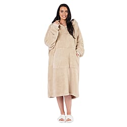 Oversized Sherpa Fleece Teddy Hoodie-Blanket - Beige
