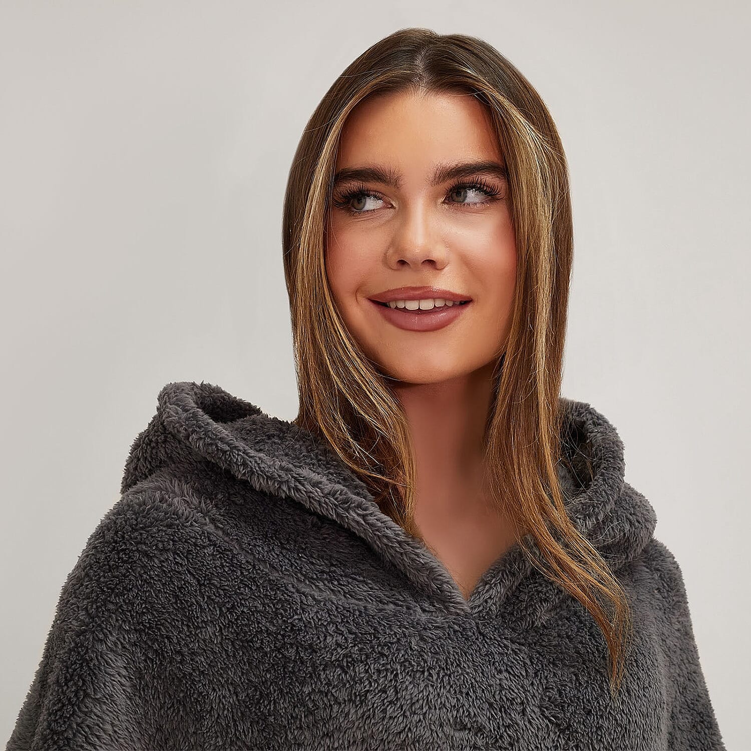 Oversized Sherpa Fleece Teddy Hoodie-Blanket  -  Charcoal