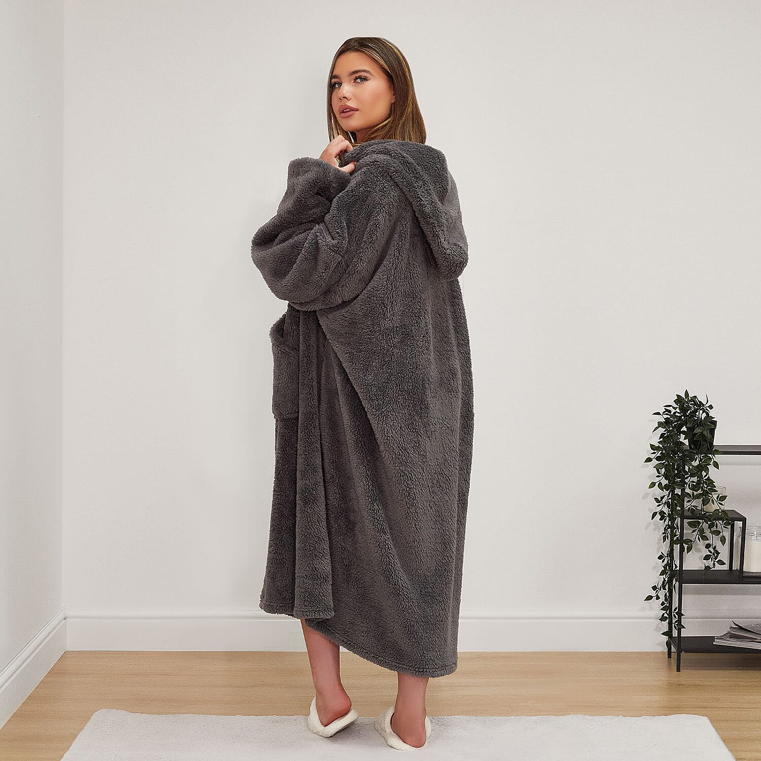 Oversized Sherpa Fleece Teddy Hoodie-Blanket  -  Charcoal