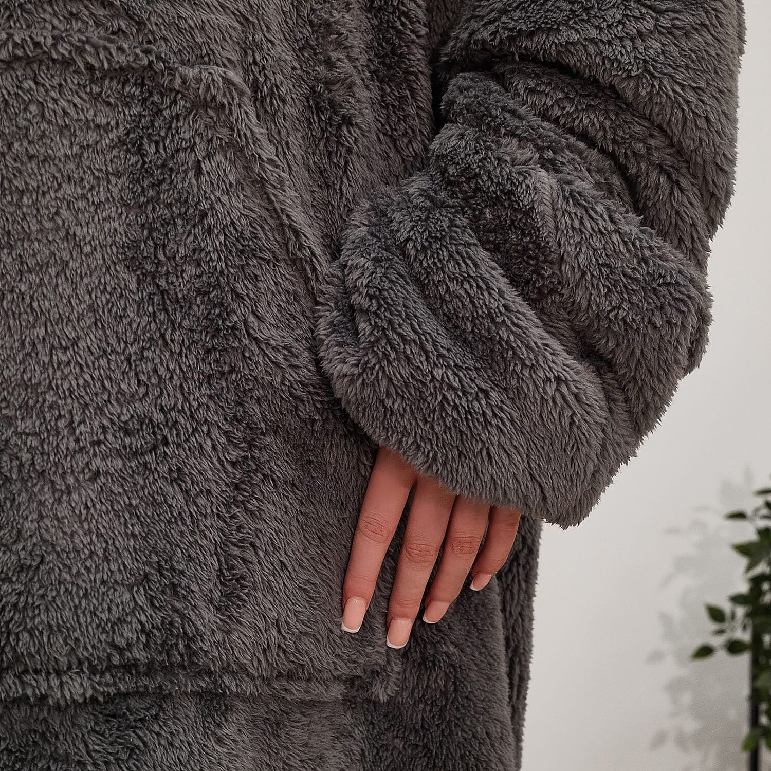Oversized Sherpa Fleece Teddy Hoodie-Blanket  -  Charcoal