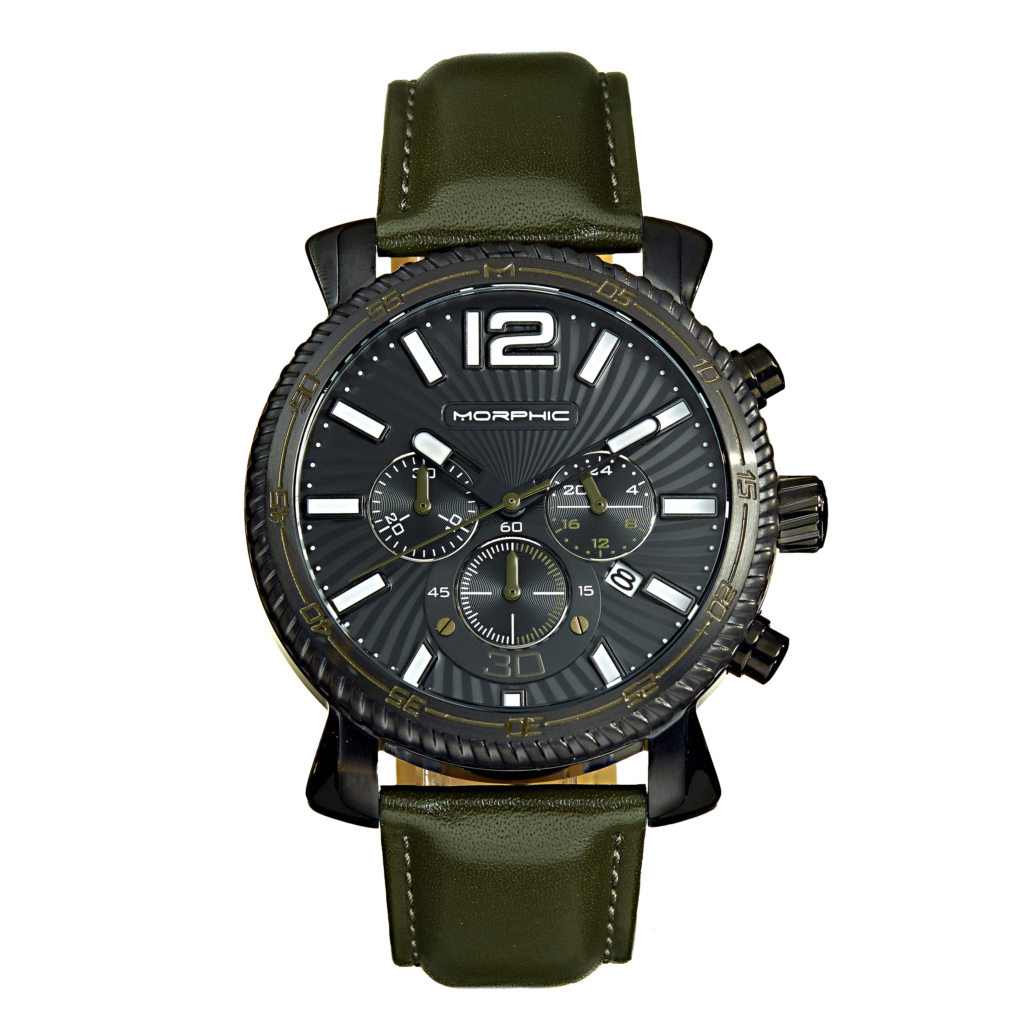 Morphic M89 Series Chronograph Miyota JS25 Quartz Movement 24-Hour Black Sub-Dial With Date 5 ATM Water Resistance Watch in Olive Genuine Leather Strap