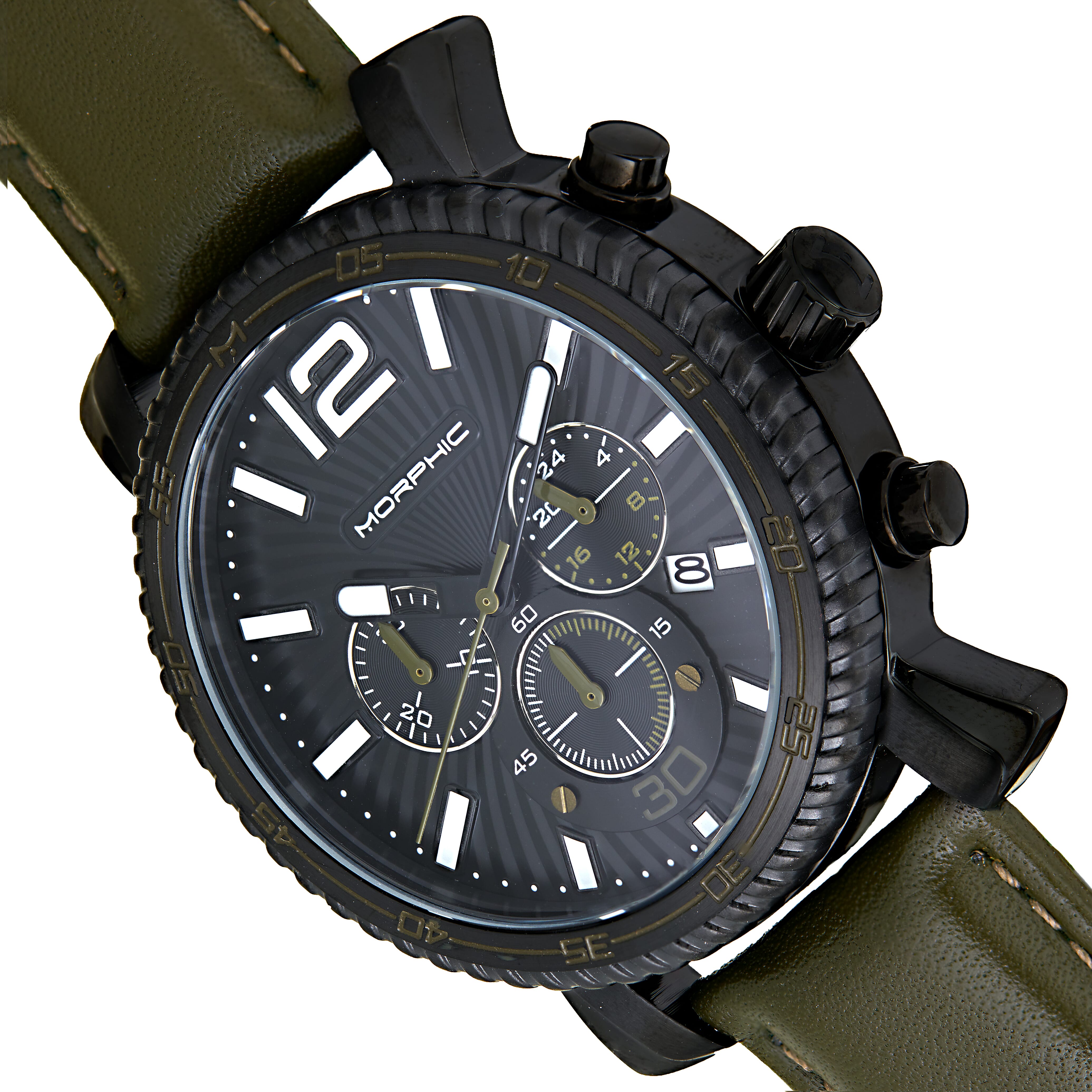 Morphic M89 Series Chronograph Miyota JS25 Quartz Movement 24-Hour Black Sub-Dial With Date 5 ATM Water Resistance Watch in Olive Genuine Leather Strap