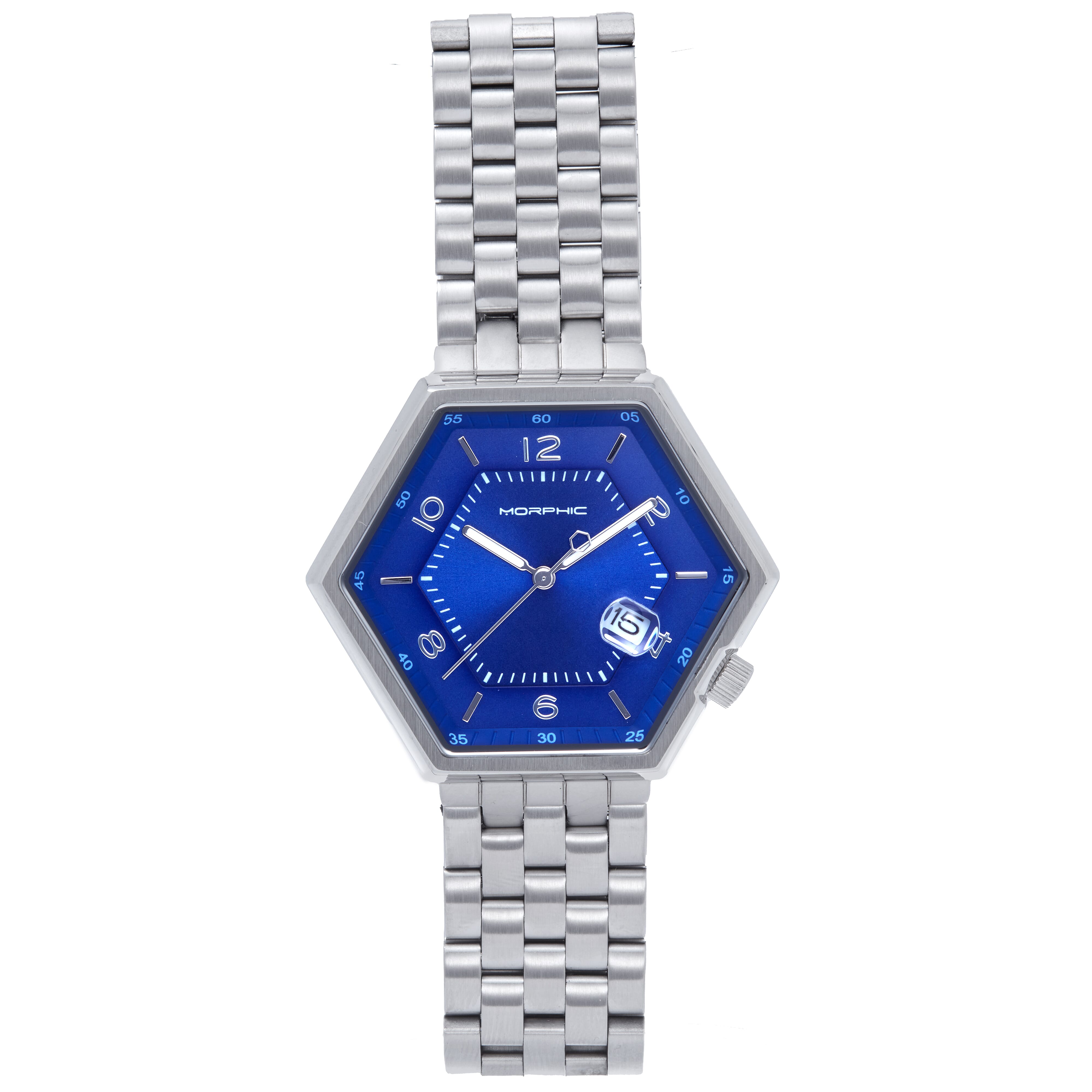 Morphic M96 Series 2115 Quartz Movement Blue Dial With Date 5 ATM Water Resistance Watch in Silver Stainless Steel Strap