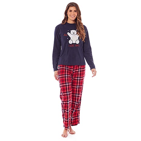 Womens Bear Micro Fleece Pyjamas with Applique Top - Printed Trouser (Size 12-14) - Navy