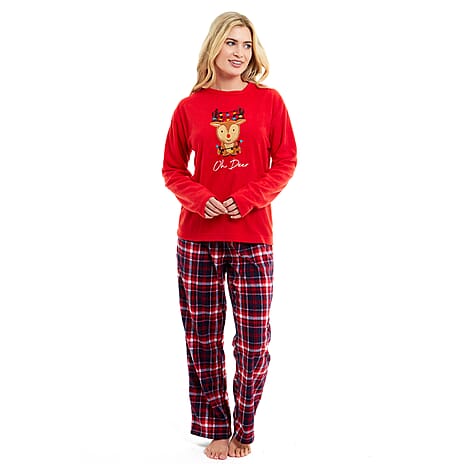 Womens Reindeer Micro Fleece Pyjamas with Applique Top & Printed Trouser (Size 12-14) - Wine