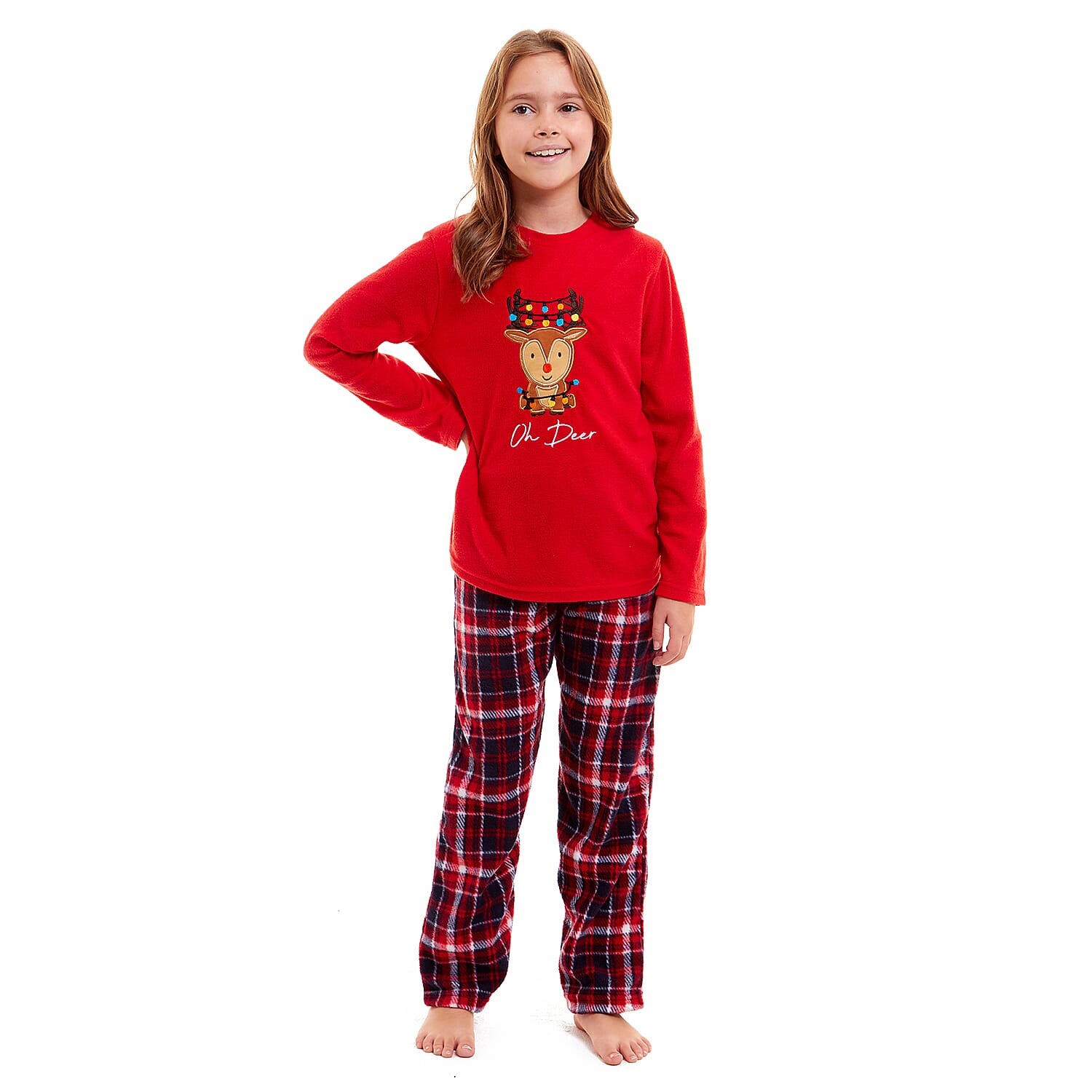 Childrens Reindeer Micro Fleece Pyjamas with Applique Top and Printed Trouser (Size 3-4) - Wine