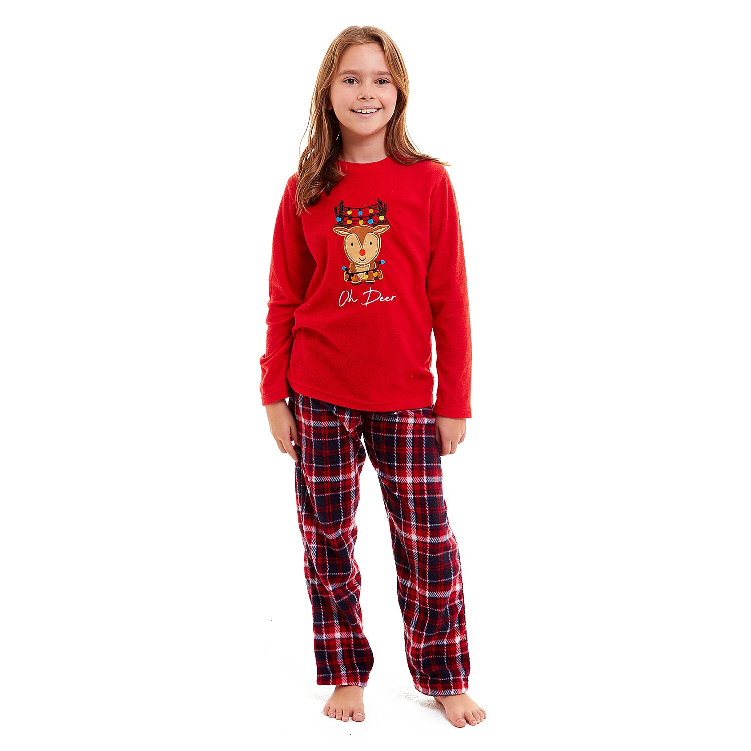 Childrens Reindeer Micro Fleece Pyjamas with Applique Top and Printed Trouser (Size 3-4) - Wine