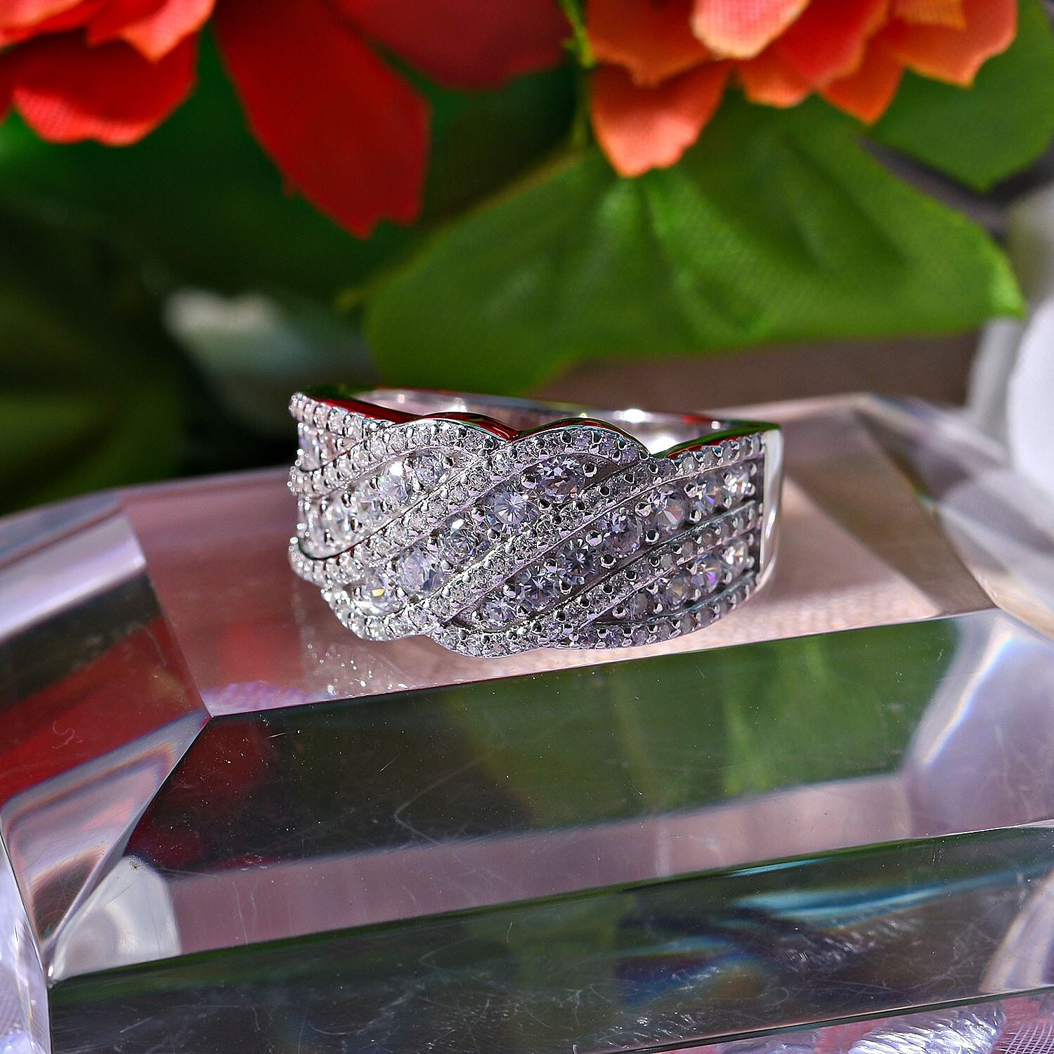 NY Closeout - Cubic Zirconia Entwined Ring in Rhodium Overlay Sterling Silver, Silver Wt. 5.60 Gms