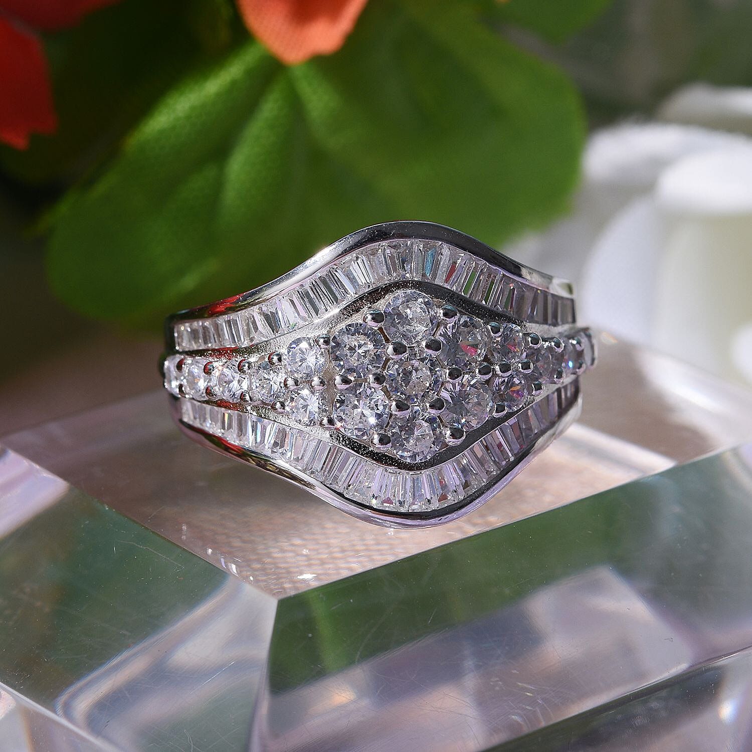 Cubic Zirconia Cluster Ring in Rhodium Overlay Sterling Silver