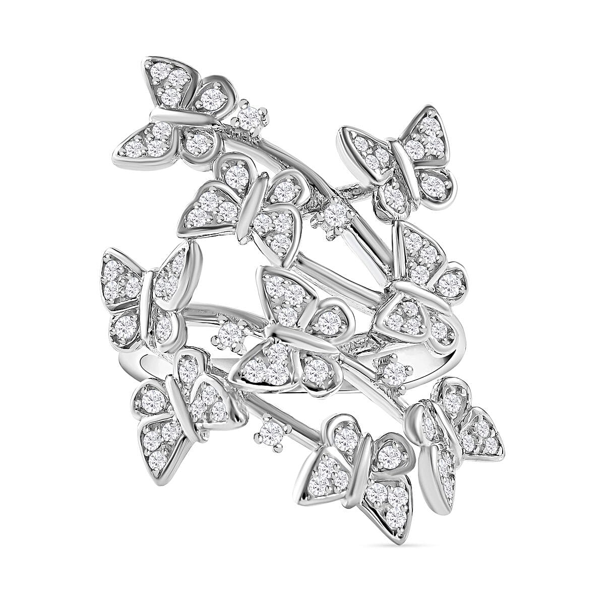 Cubic Zirconia Butterfly Open Ring in Rhodium Overlay Sterling Silver, Silver Wt. 5.87 Gms