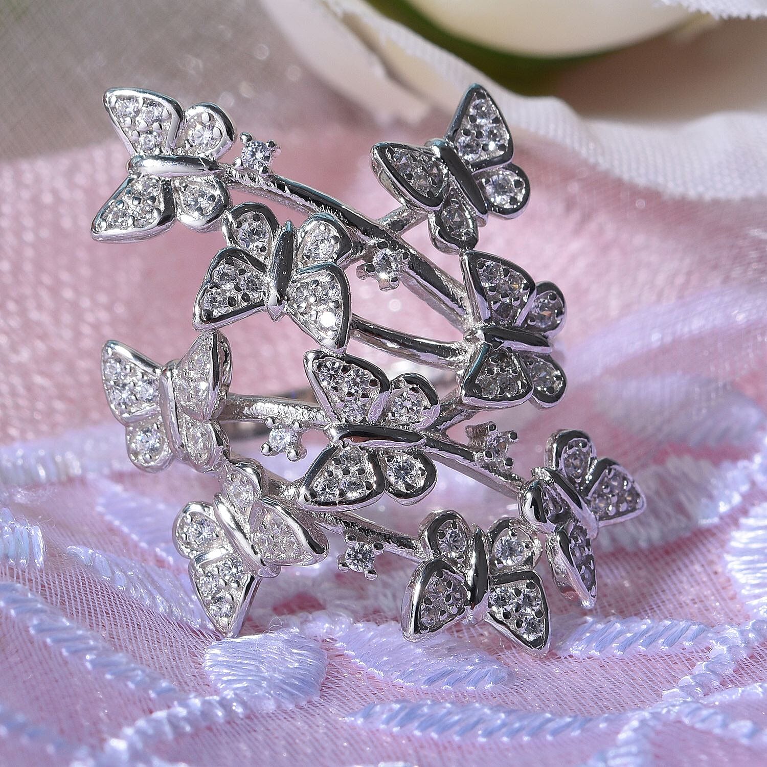 Cubic Zirconia Butterfly Open Ring in Rhodium Overlay Sterling Silver, Silver Wt. 5.87 Gms