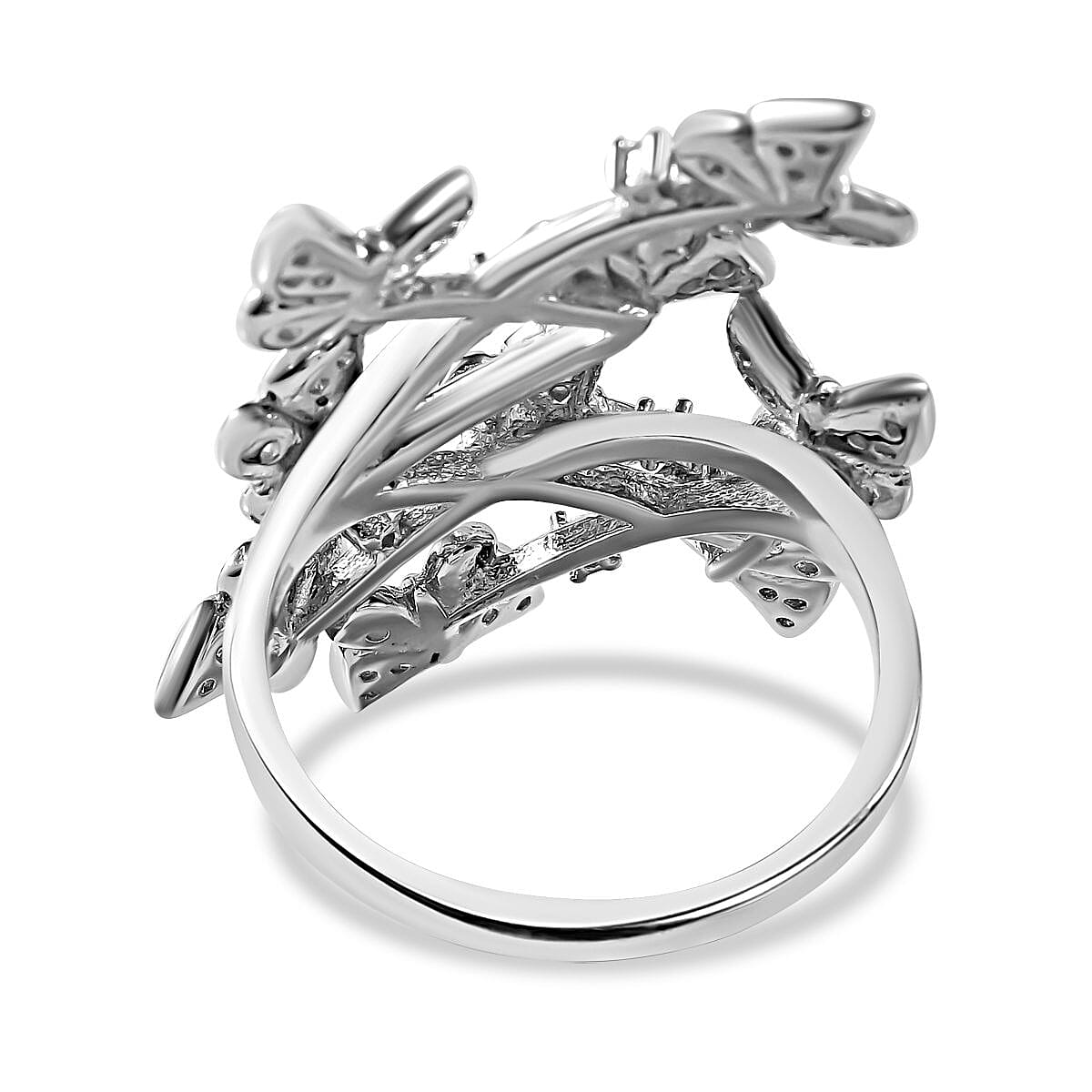 Cubic Zirconia Butterfly Open Ring in Rhodium Overlay Sterling Silver, Silver Wt. 5.87 Gms