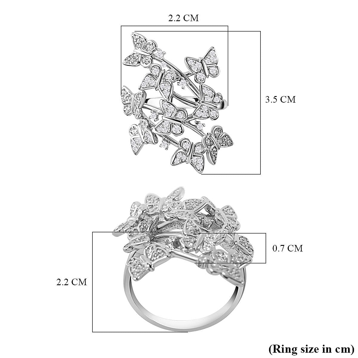 Cubic Zirconia Butterfly Open Ring in Rhodium Overlay Sterling Silver, Silver Wt. 5.87 Gms