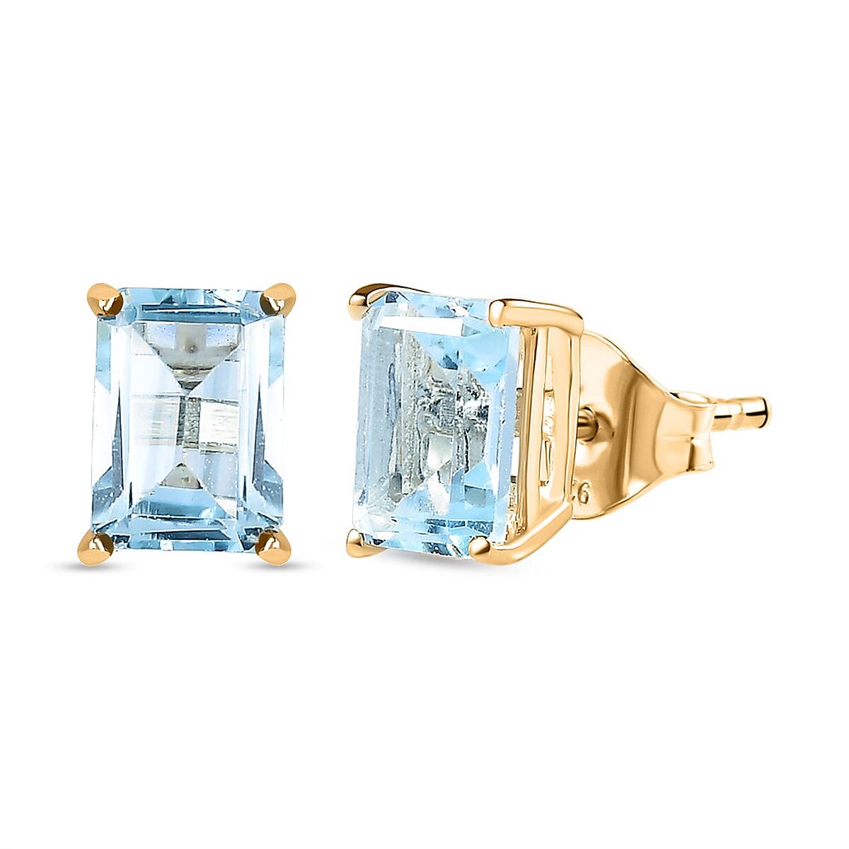 Skyblue Topaz Solitaire Earrings with Push Back in 18K Vermeil Yellow Gold Plated Sterling Silver 2.26 Ct.