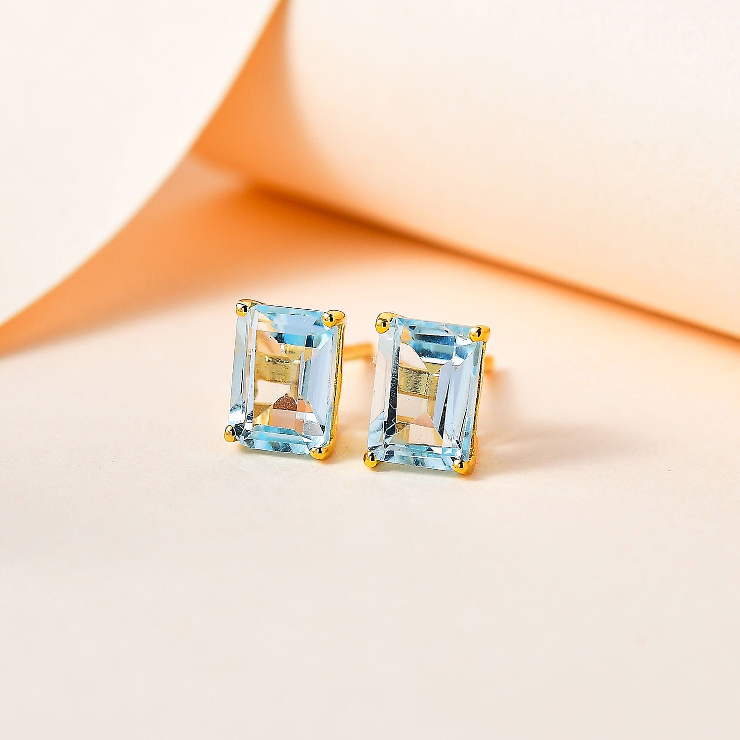 Skyblue Topaz Solitaire Earrings with Push Back in 18K Vermeil Yellow Gold Plated Sterling Silver 2.26 Ct.
