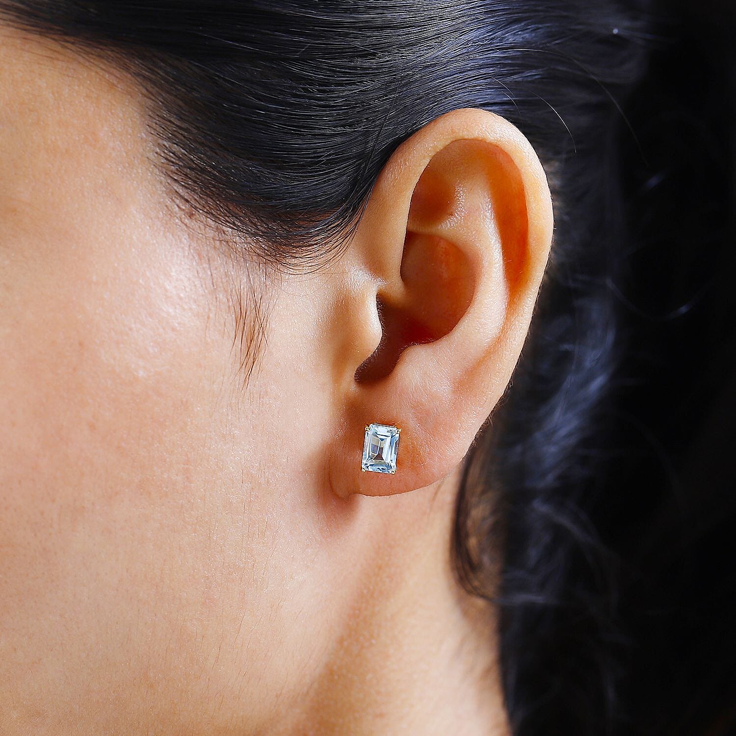 Skyblue Topaz Solitaire Earrings with Push Back in 18K Vermeil Yellow Gold Plated Sterling Silver 2.26 Ct.