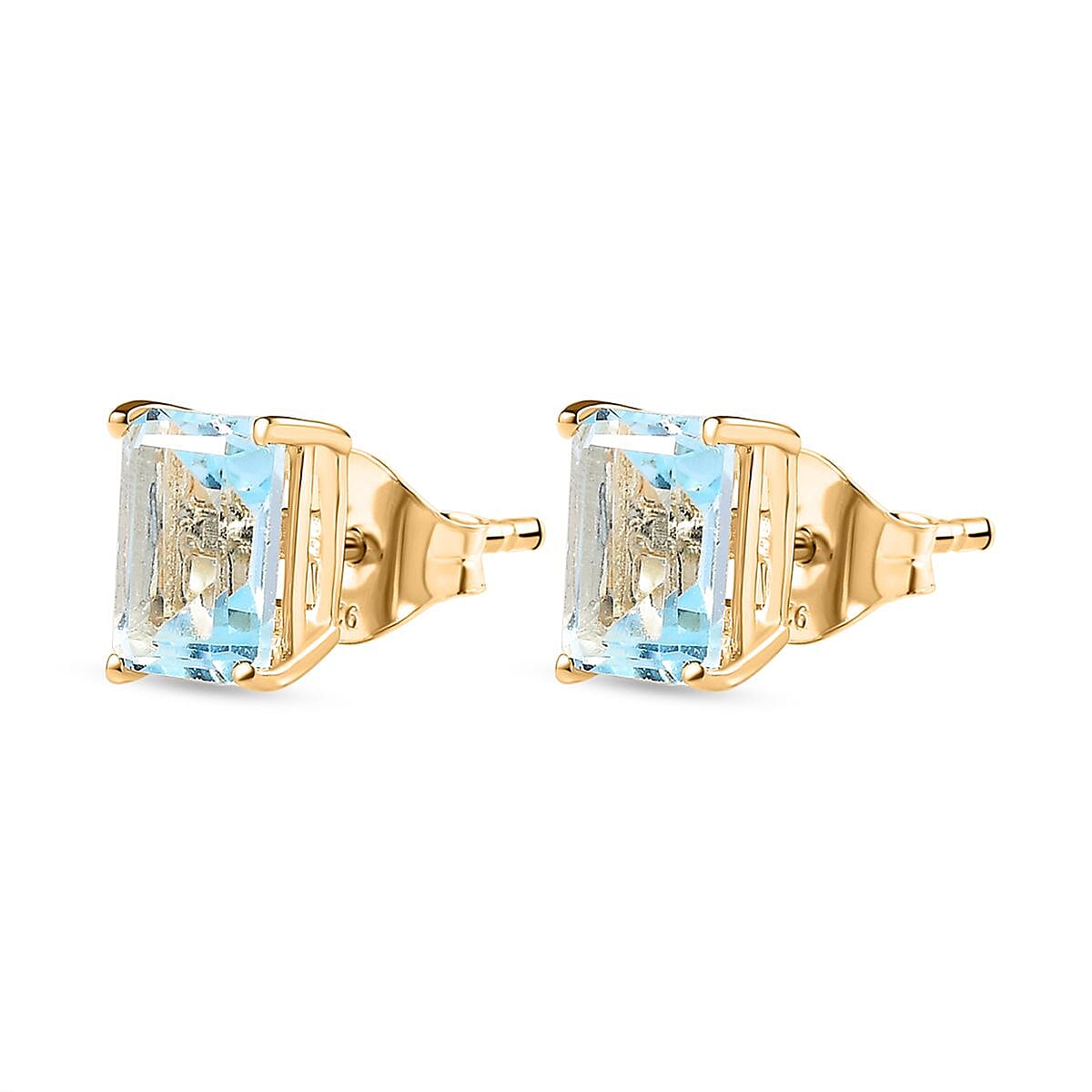Skyblue Topaz Solitaire Earrings with Push Back in 18K Vermeil Yellow Gold Plated Sterling Silver 2.26 Ct.