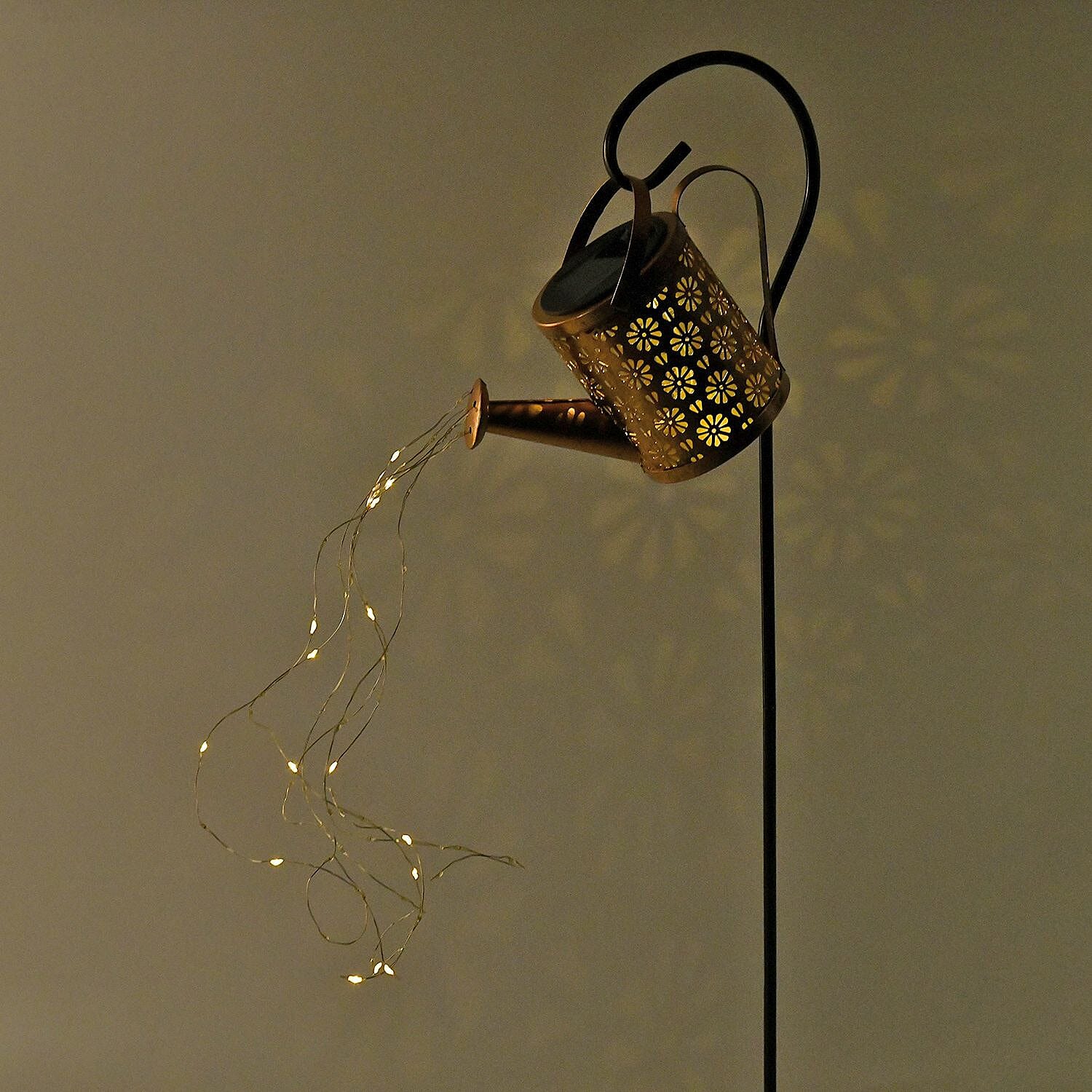 Solar Watering Can with Waterfall Fairy Light Strings - Black
