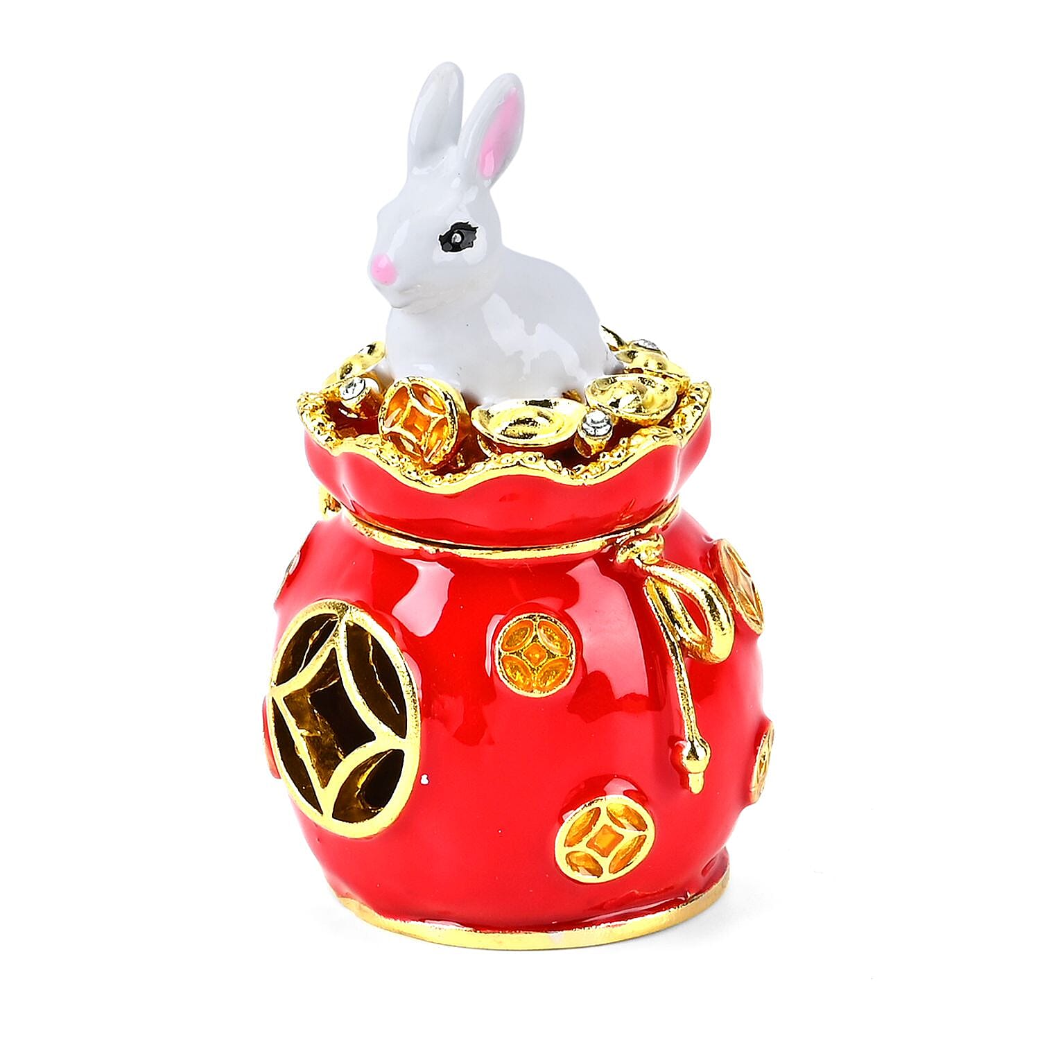 Trinket Storage Box with Cute Rabbit on Top (Size 7x5 cm) - White - Red