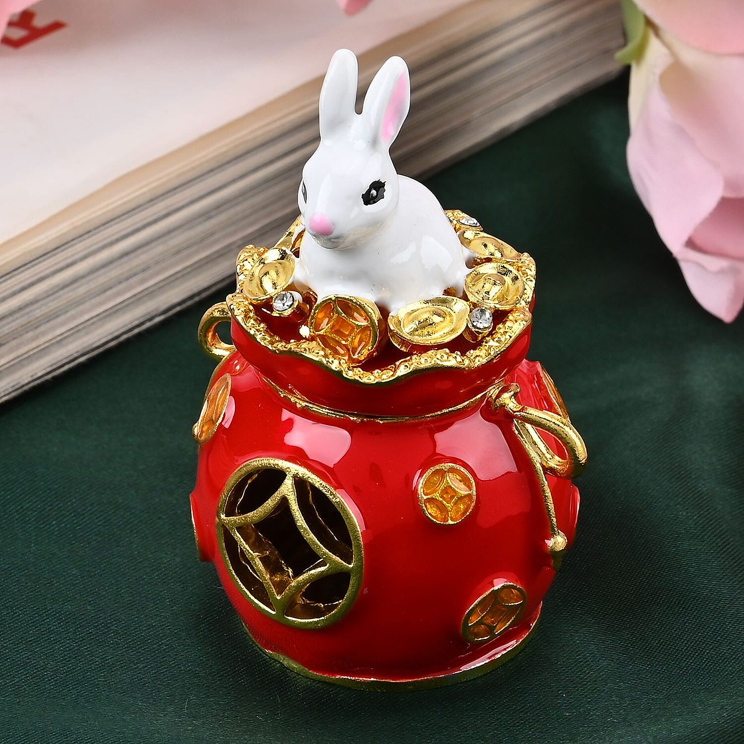 Trinket Storage Box with Cute Rabbit on Top (Size 7x5 cm) - White - Red