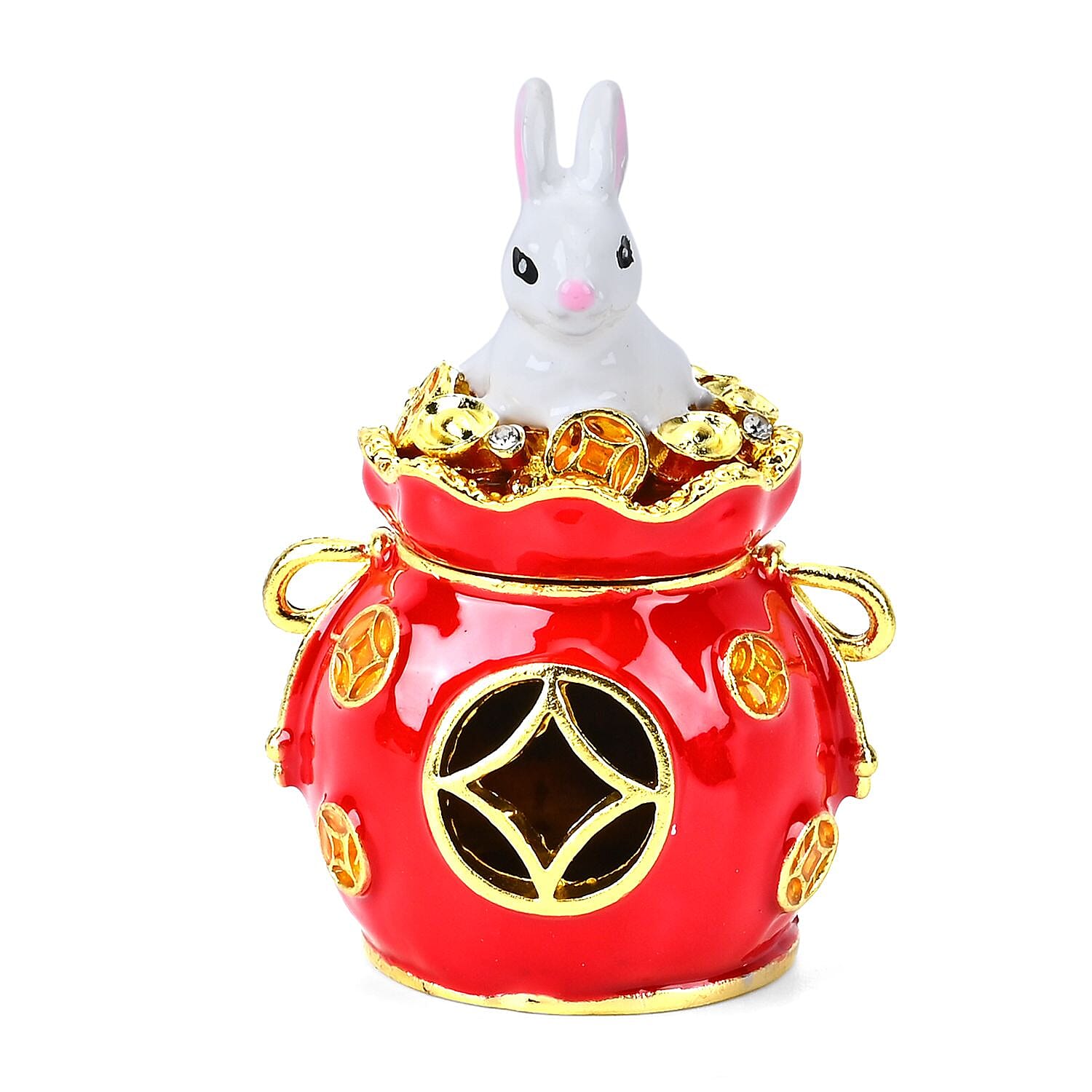 Trinket Storage Box with Cute Rabbit on Top (Size 7x5 cm) - White - Red
