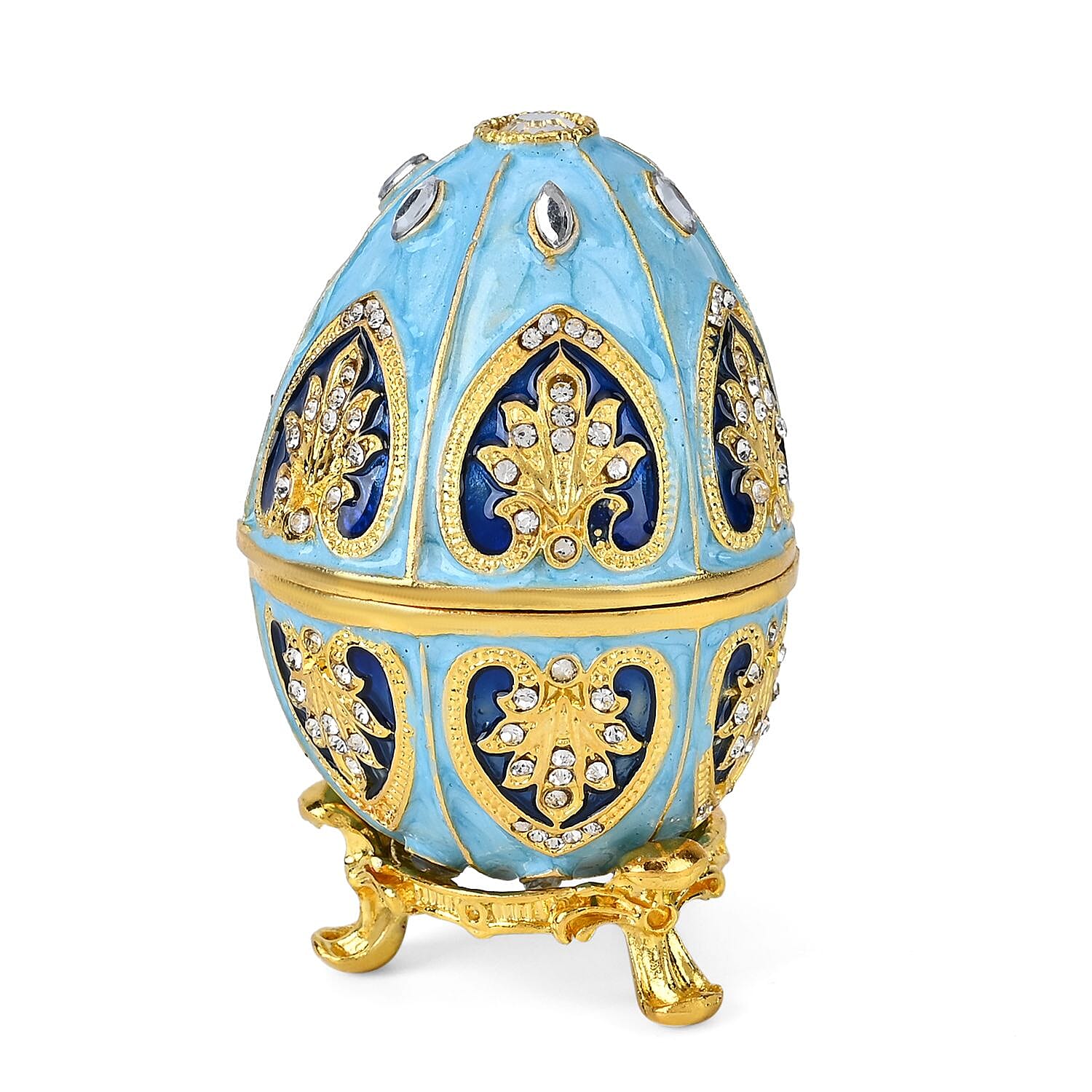 Hand-Painted Crystal Enamelled Easter Egg Trinket Box (Size 6x4 cm) - Blue & Gold
