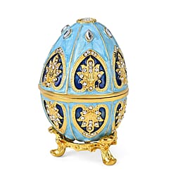 Hand-Painted Crystal Enamelled Easter Egg Trinket Box (Size 6x4 cm) - Blue & Gold