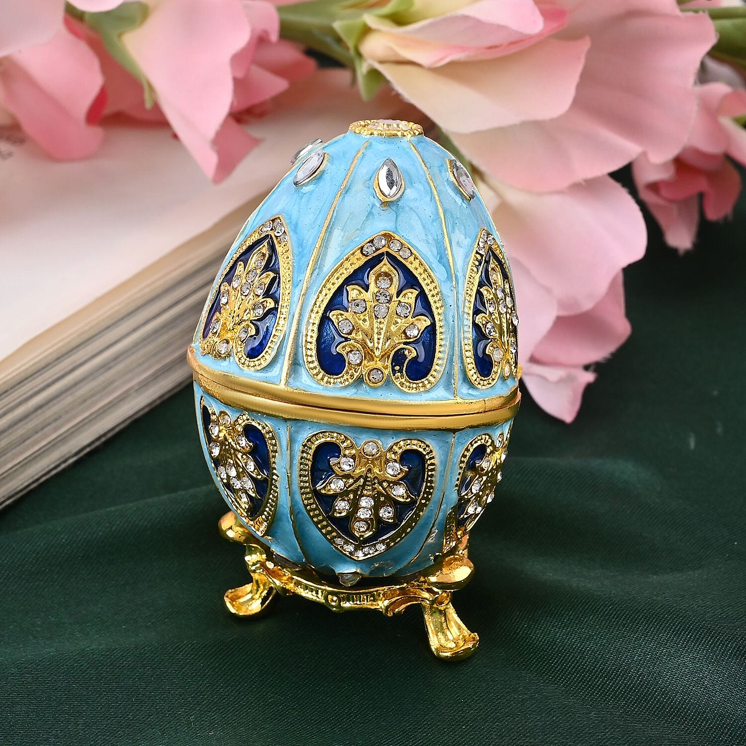 Hand-Painted Crystal Enamelled Easter Egg Trinket Box (Size 6x4 cm) - Blue & Gold
