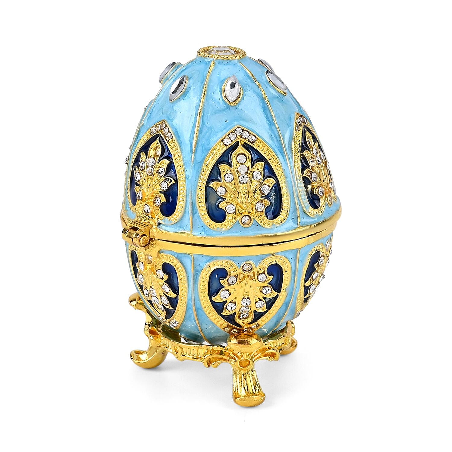 Hand-Painted Crystal Enamelled Easter Egg Trinket Box (Size 6x4 cm) - Blue & Gold