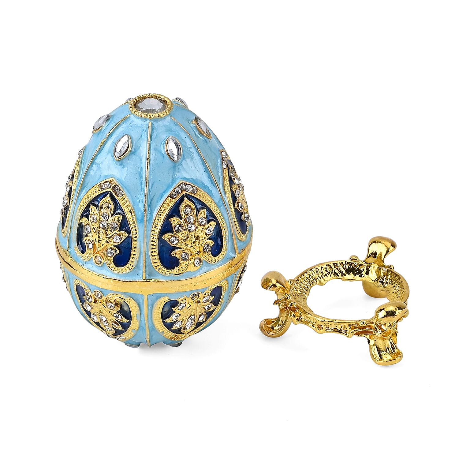 Hand-Painted Crystal Enamelled Easter Egg Trinket Box (Size 6x4 cm) - Blue & Gold