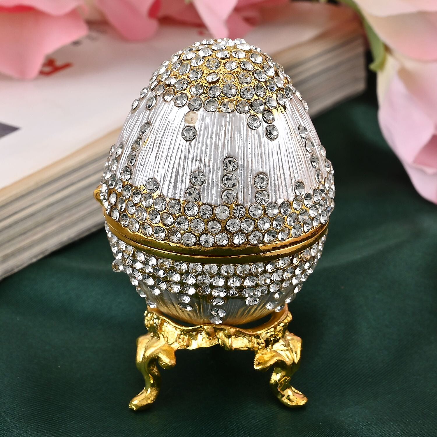 Hand-Painted Crystal Enamelled Easter Egg Trinket Box (Size 6x4 cm) - Silver & Gold