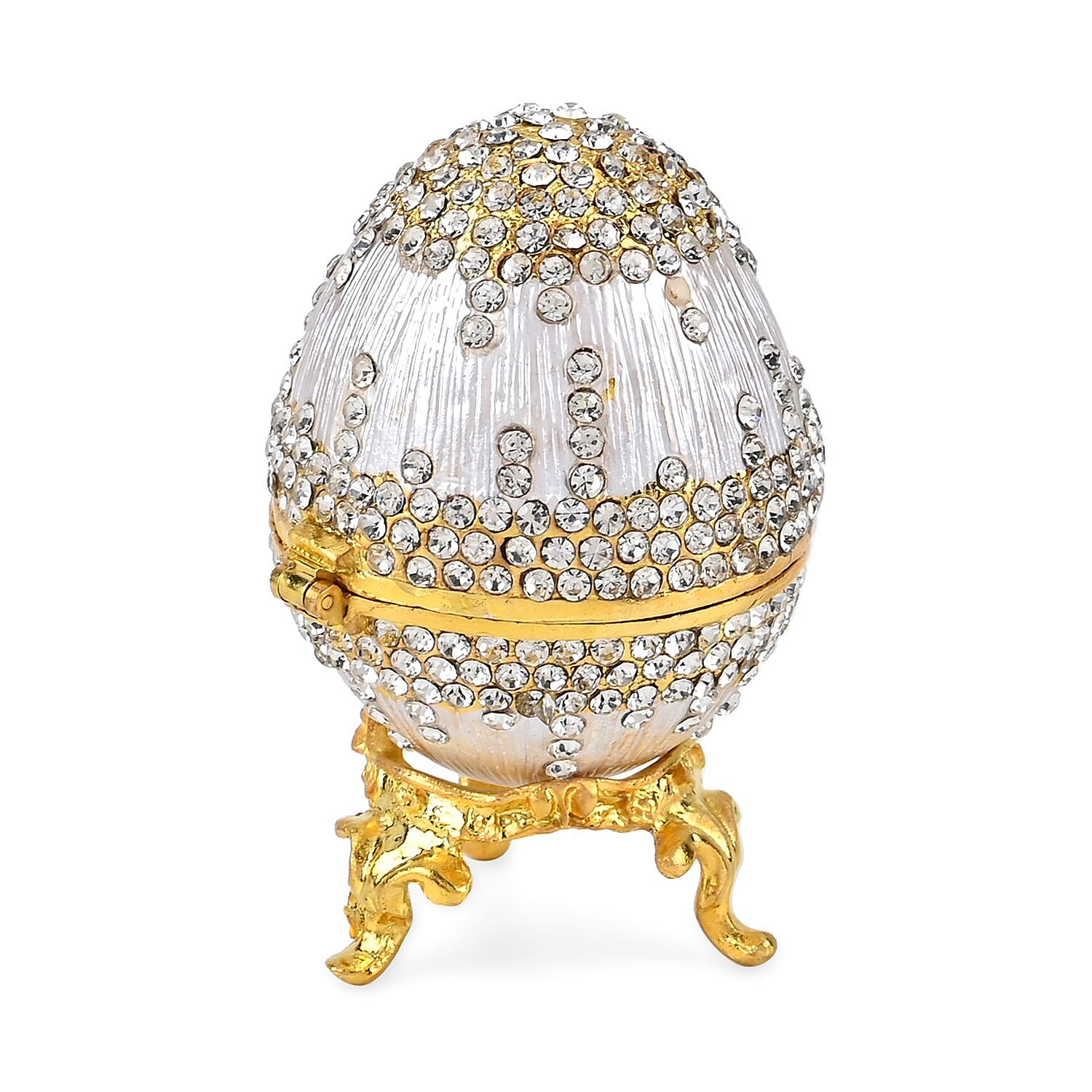 Hand-Painted Crystal Enamelled Easter Egg Trinket Box (Size 6x4 cm) - Silver & Gold