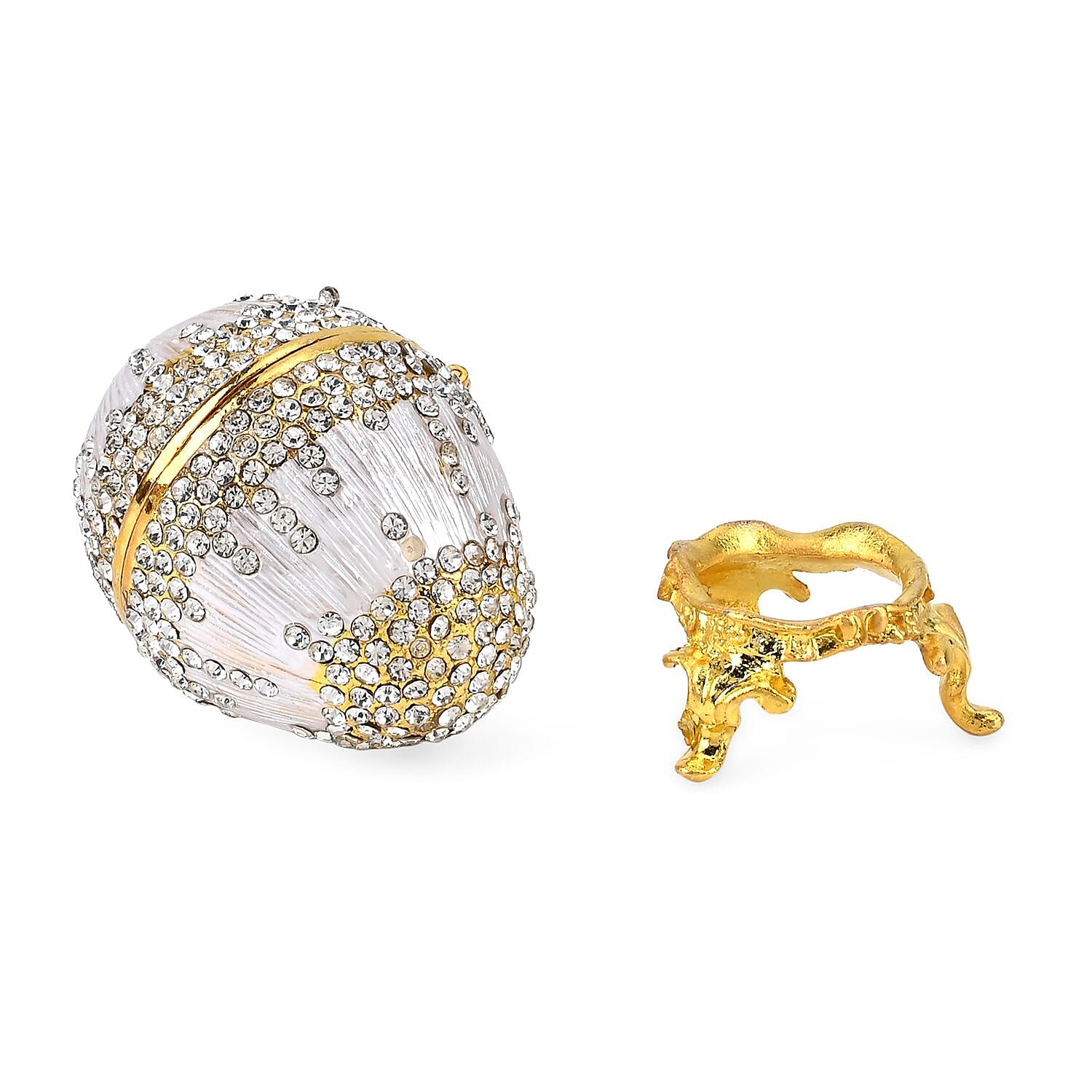 Hand-Painted Crystal Enamelled Easter Egg Trinket Box (Size 6x4 cm) - Silver & Gold