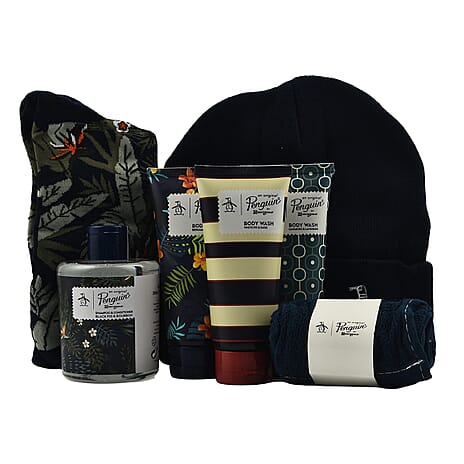 Original Penguin Bumper Box Set with 3 x 100ml Body Washes, 250ml Shampoo & Conditioner, Socks, Beanie Hat & Flannel