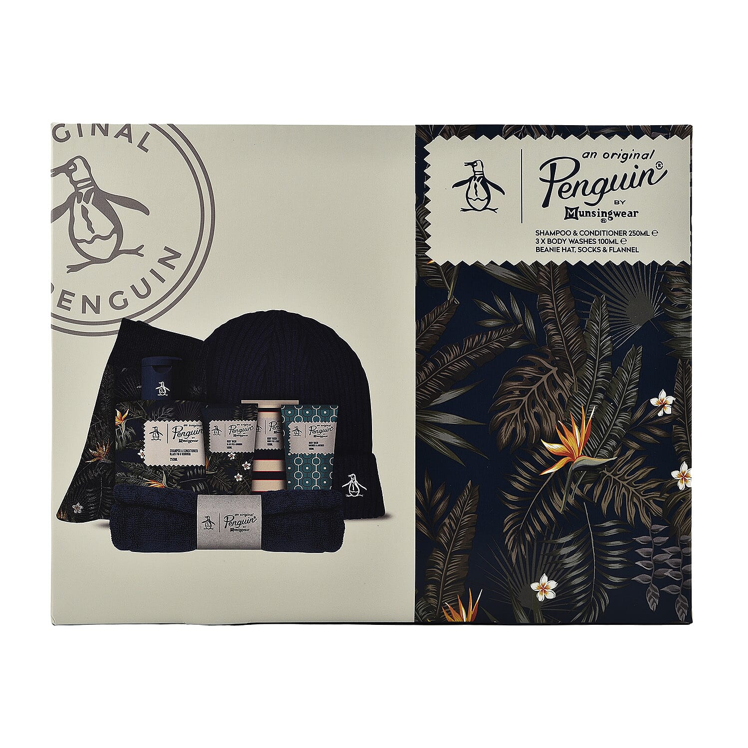 Original Penguin Bumper Box Set with 3 x 100ml Body Washes, 250ml Shampoo - Conditioner, Socks, Beanie Hat - Flannel