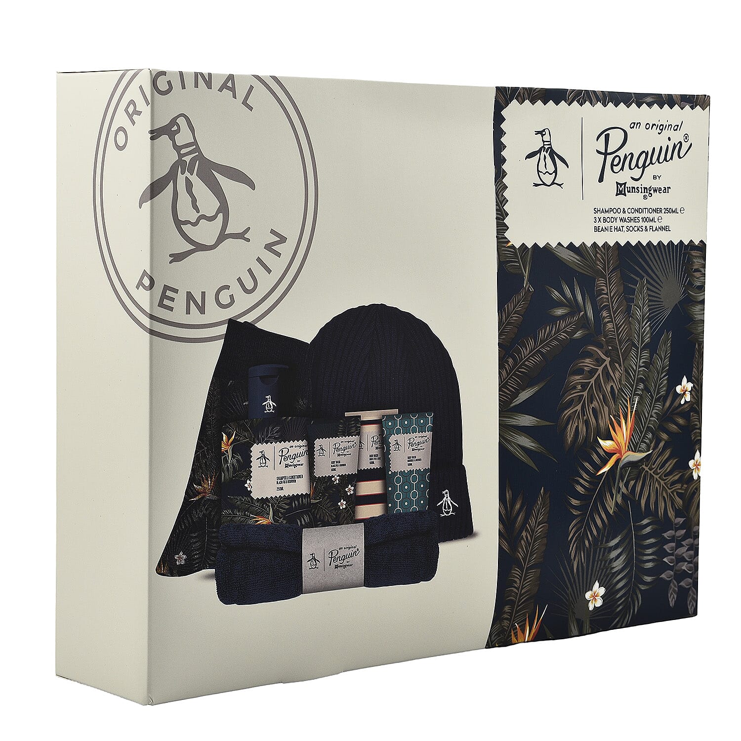 Original Penguin Bumper Box Set with 3 x 100ml Body Washes, 250ml Shampoo - Conditioner, Socks, Beanie Hat - Flannel