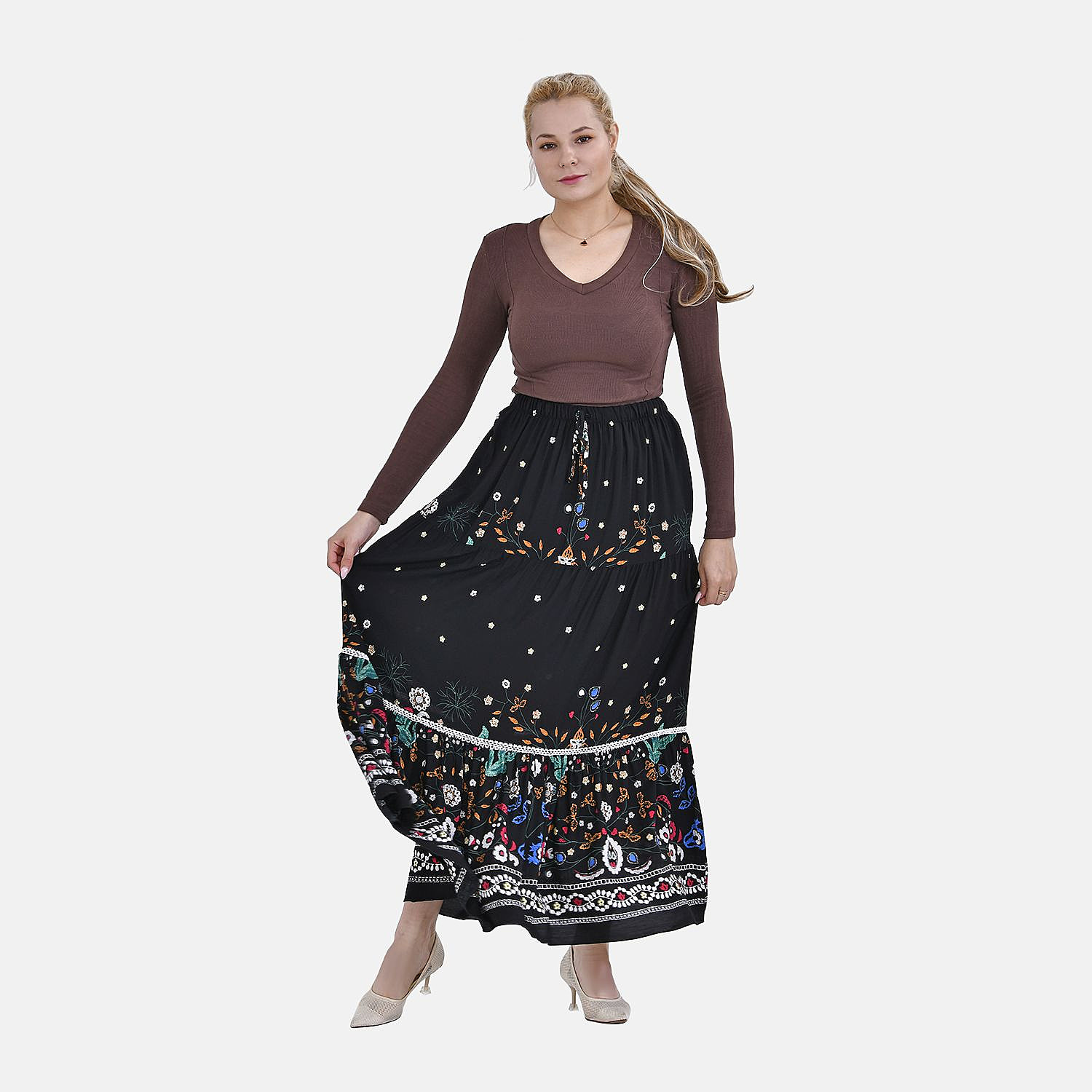 La-Marey-Viscose-Floral-Skirt-Size-90x1-cm-Black-Black