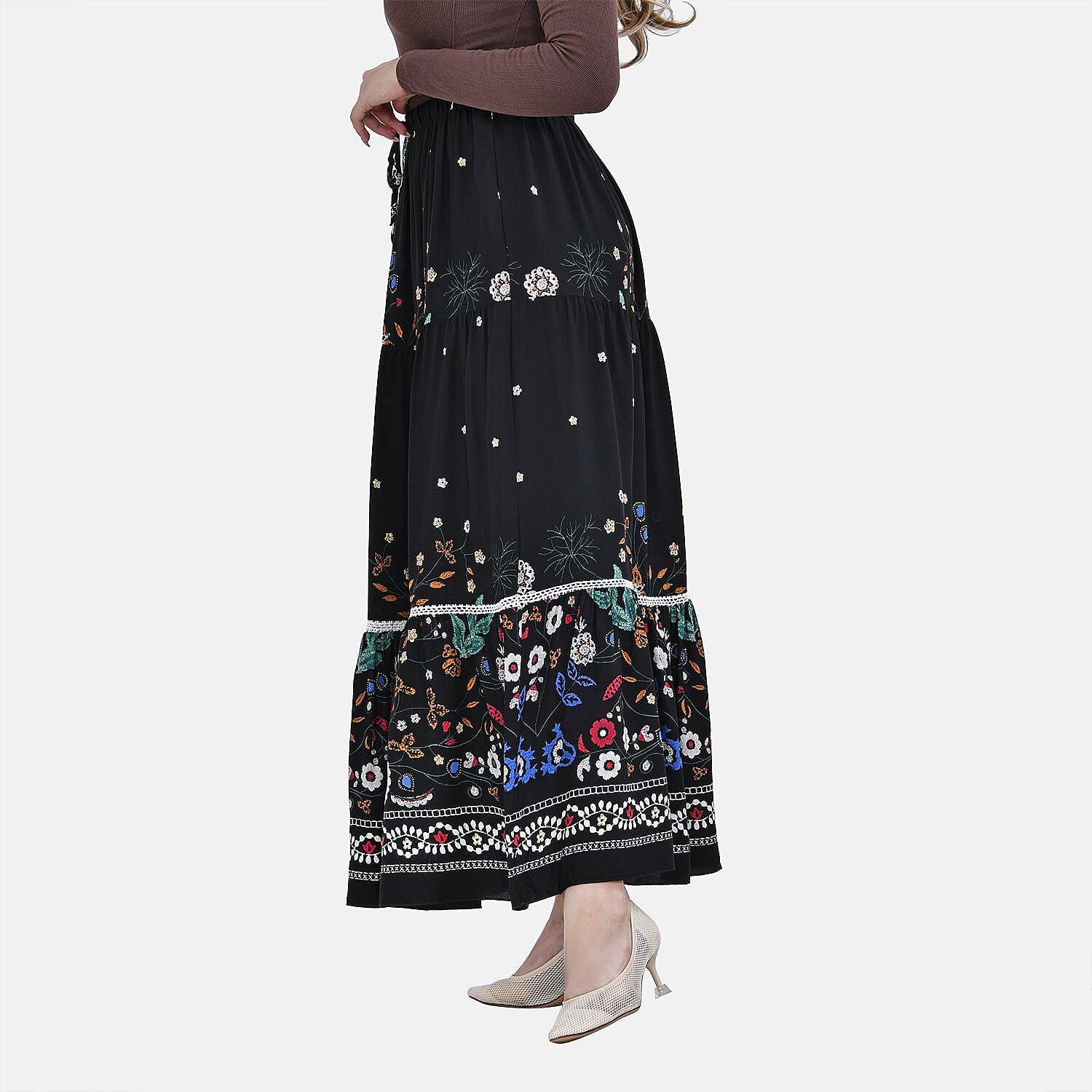 La Marey 100% Viscose Floral Skirt (Size One 8 to 18) - Black