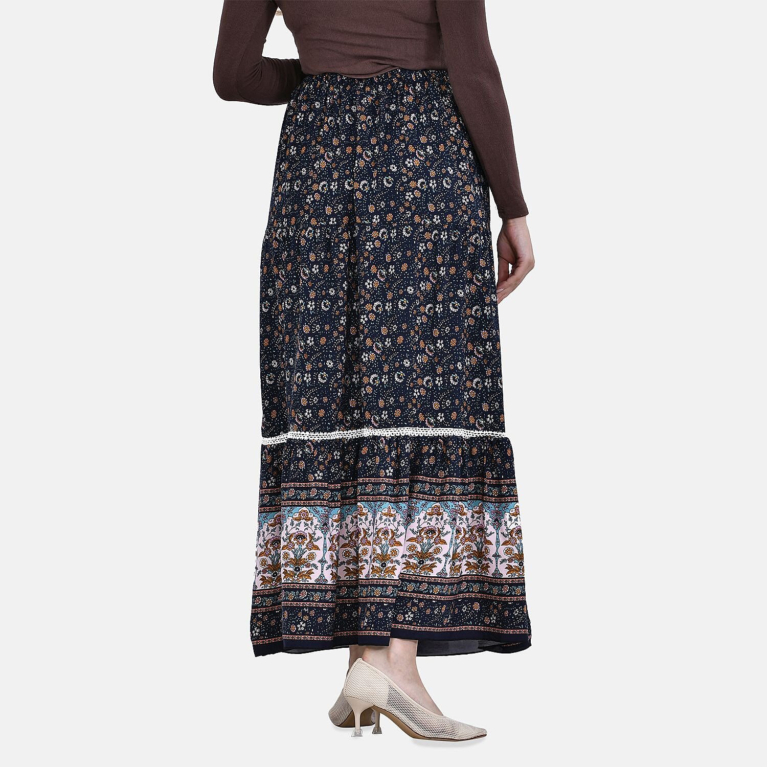 La Marey 100% Viscose Floral Skirt (Size Curve 20 to 26) - Navy Blue & Black